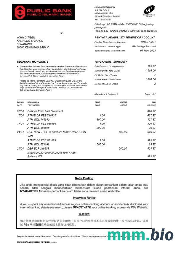 Malaysia Public Islamic Bank statement szablon Worda i PDF, 2 stronas